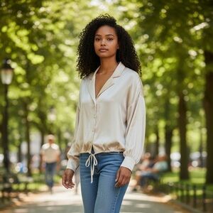 Free People Cream Satin Button-Front Blouse with Tassel Tie